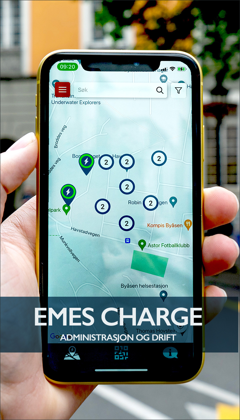 En mobilskjerm som viser ladekartet i appen EMES Charge. Nederst på bildet står teksten "EMES CHARGE – Administrasjon og drift"