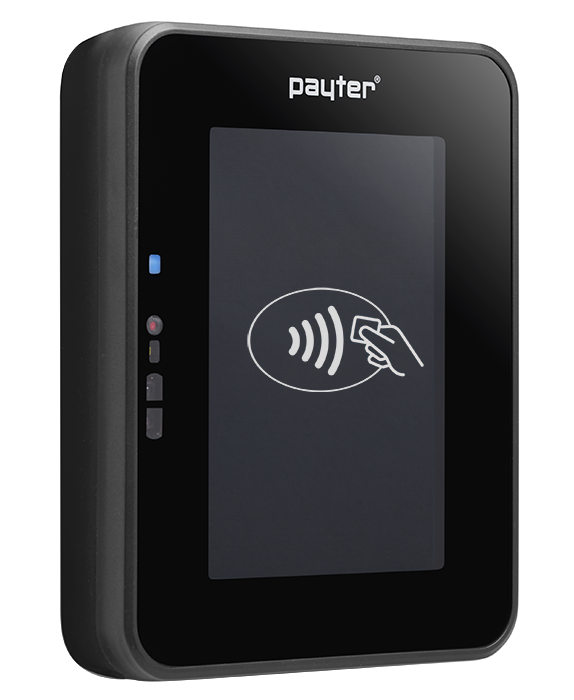 Betalingsterminalen Payter Apollo, sett forfra litt på skrå.
På den store touchskjermen er det et ikon som symboliserer "kontaktløs betaling".